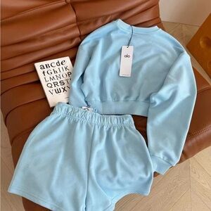 ALO Yoga Light Blue 🩵 Sweatshirt and Shorts Set. Brand new with tags. Size Small